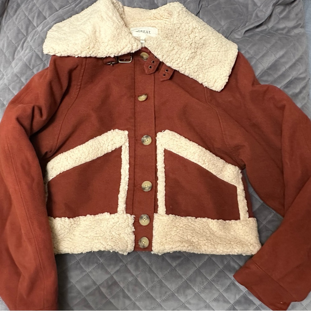 THE GREAT Red Bomber Jacket with Plush Collar